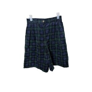 Susan Bristol Plaid Corduroy Shorts Green Blue High Rise‎ Pleated 4
